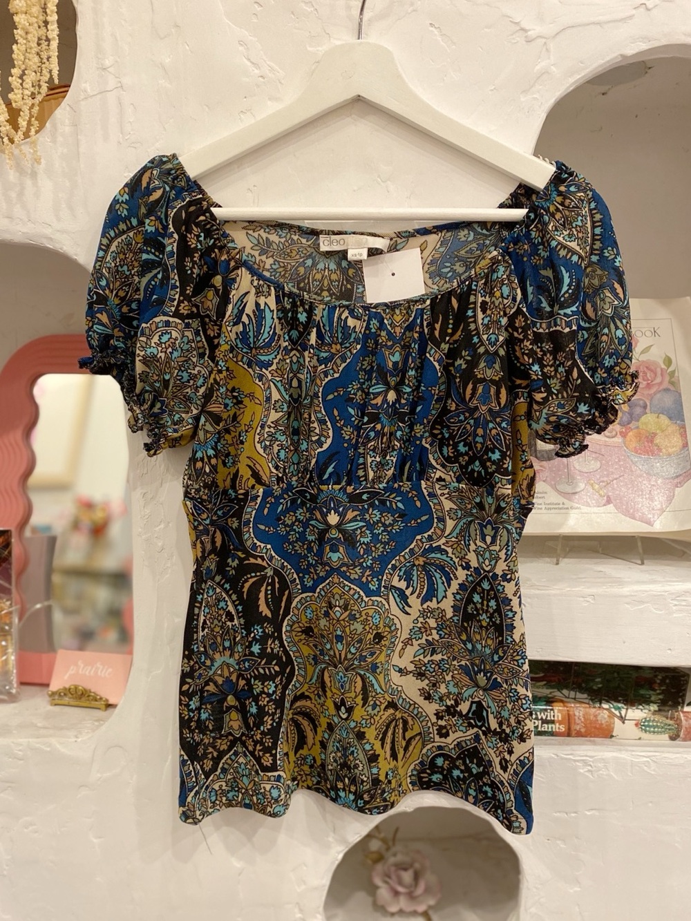 Y2K Boho Multicolour Paisley Mesh Sheer Puff-Sleeve Off-The-Shoulder Top